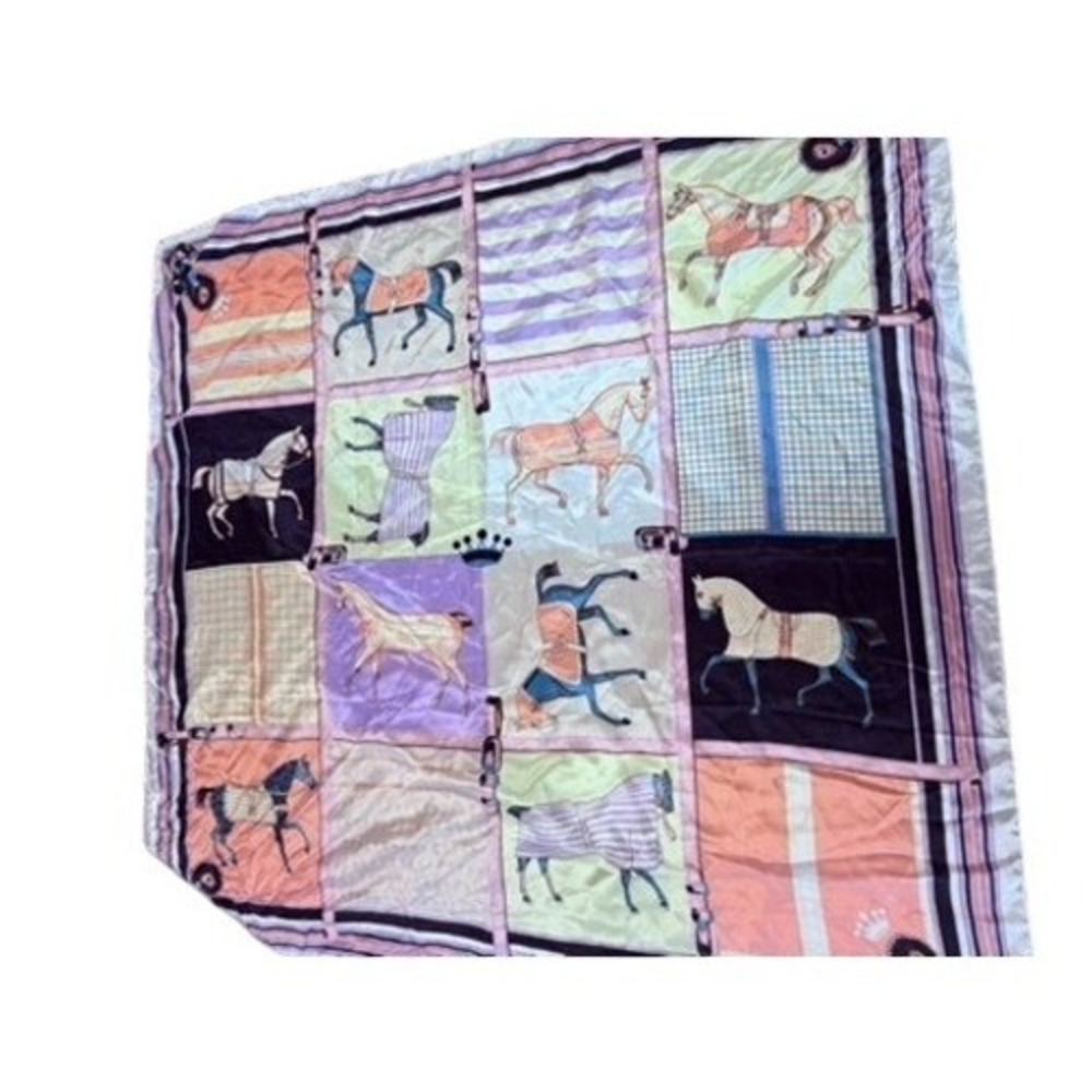 Equestrian Horse Print Square Scarf Pink Blue 34.5"x 34.5" Polyester Silky Wrap